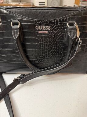 GUESS Black Croc-Embossed Satchel with Detachable Strap